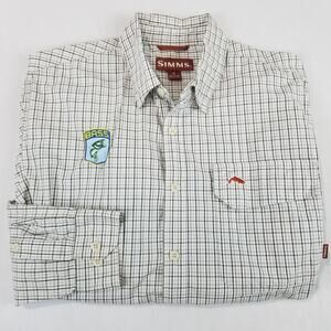 Simms Shirt Mens Medium Beige Plaid Long Sleeve Fishing BASS Patch Button Up